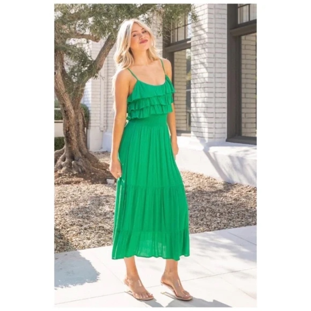 Emerald Green Rayon Gauze Ruffle Smocked Waist Sleeveless Midi Dress - Picture 4 of 6
